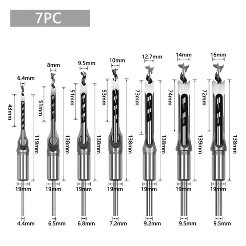 Heavy Duty HSS Twist Drill Bits Combined With Square Auger Mortising Chisel Woodworking Drill Tool Kit showing 7 various sizes, HSS material.