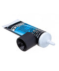 Quicksilver marine grease tube, side view, 8 oz, blue label, gray dispensing nozzle, black cap.