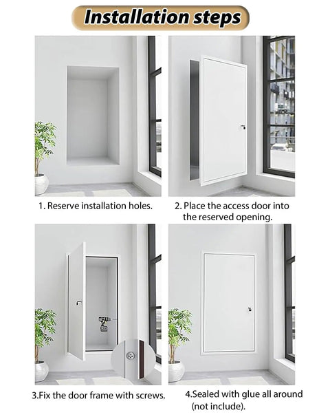 Installation steps for Built Tough Aluminum Access Door For HVAC Ducts And Drywall Inspection Hatch in a wall opening.