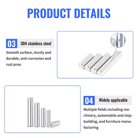 250 Pieces Stainless Steel Dowel Pins Set For DIY Shelving Cabinets Bunk Beds And Furniture Projects Featuring 10 Of Each Size From M2 To M5 Durable Rust Resistant Hardware For Pegs And Shelf Brackets, close-up view of stainless steel pins with smooth surface description.