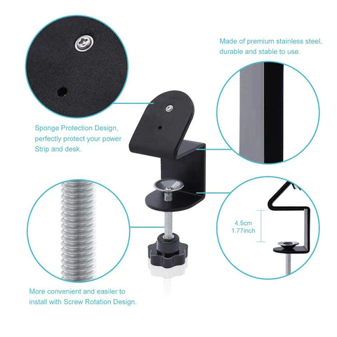 One Hand Access Desk Edge Power Strip Clamp Mount Space Saving Cable Organizer Holder with screw rotation and sponge protection.