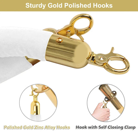 Lux Velvet Stanchion Rope White With Gold Hooks Five Foot Crowd Control Barrier For VIP Parties And Event Decor