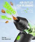 Ultra Fast Air Duster Pro for Drones and Cameras, visual of 150000 RPM electric blower blowing leaves, close-up of design features
