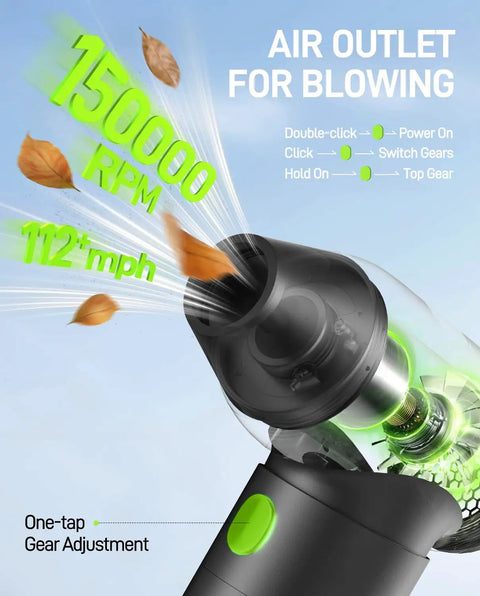 Ultra Fast Air Duster Pro for Drones and Cameras, visual of 150000 RPM electric blower blowing leaves, close-up of design features
