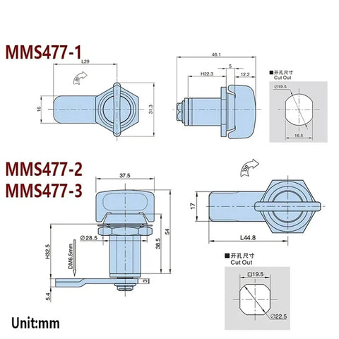 Technical diagram of the Keyless Handle Cabinet Cam Lock For Boxes Cupboards Lockers with MMS477 dimensions.