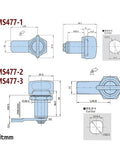 Technical drawing of Keyless Handle Cabinet Cam Lock MMS477 showing dimensions in mm for precision fitting.
