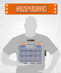 Man holding Heavy Duty Tool Box With Clear Lid Dual Side 34 Compartment Organizer Removable Dividers For Hardware Screws Bolts Nails Beads Jewelry And Fishing Gear Orange 2 Pack. Size labeled as 12.8 by 11 inches.