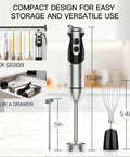 Powerhouse Immersion Hand Blender 12 Speed With 1000W Motor Titanium Reinforced Stainless Steel Blades 3 In 1 System Including Whisk And Milk Frother Black For Smoothies Soups And Sauces displayed on counter with dimensions.