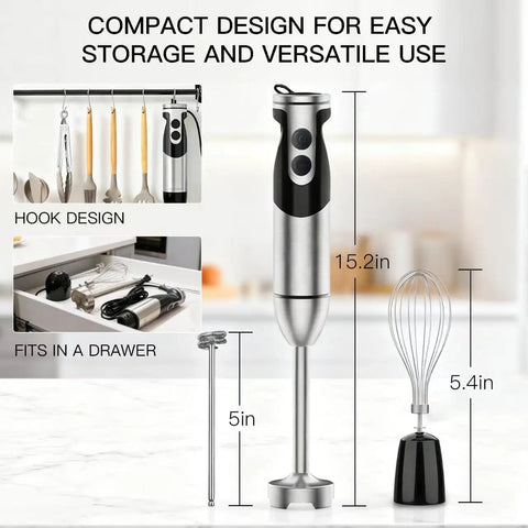 Powerhouse Immersion Hand Blender 12 Speed With 1000W Motor Titanium Reinforced Stainless Steel Blades 3 In 1 System Including Whisk And Milk Frother Black For Smoothies Soups And Sauces displayed on counter with dimensions.
