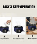 Heavy Duty Electric Hot Glue Pot With One Pound Pellets And Precise Temperature Control steps to add glue, heat, and apply for crafting.
