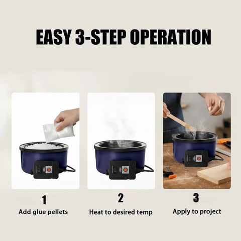 Heavy Duty Electric Hot Glue Pot With One Pound Pellets And Precise Temperature Control steps to add glue, heat, and apply for crafting.