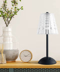 Cordless LED Table Lamp With 4000mAh Rechargeable Battery, 3 Color Modes And Stepless Dimming, Touch Control on wooden shelf