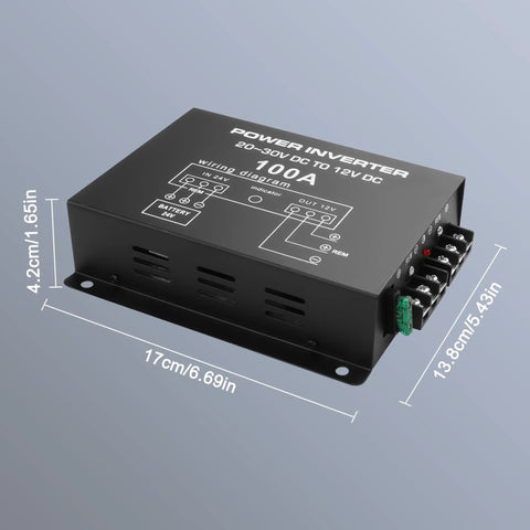 Beefy 24V To 12V Buck Converter For Cars And Trucks, 100A 1200W, shown with dimensions and wiring diagram.