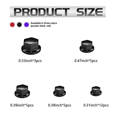 Badass Universal Motorcycle Bolt Covers, Rugged Hexagon Metal Engine Nut Caps in various sizes displayed on white background.