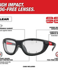 Clear Performance Safety Glasses With Gasket For All Day Comfort Anti Fog Lenses Anti Scratch Protection Removable Gasket Flexible Nose Bridge And Comfy Temple Arms in product display with labeled features