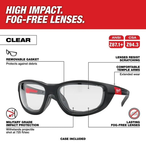 Clear Performance Safety Glasses With Gasket For All Day Comfort Anti Fog Lenses Anti Scratch Protection Removable Gasket Flexible Nose Bridge And Comfy Temple Arms in product display with labeled features