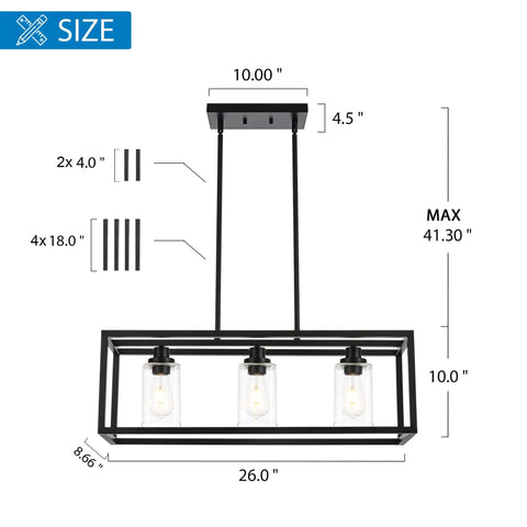 Dimensions of the 3 Light Linear Kitchen Island Chandelier Dope Matte Black With Rectangular Clear Glass Shades For Dining Room Bar Kitchen And Pool Table Areas Height Adjustable Ceiling Light Fixture