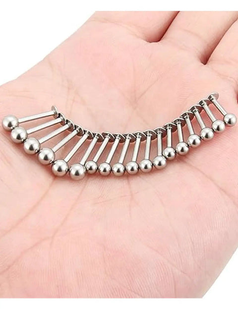 16G Lip Labret Monroe Medusa Ashley Nose Ring Set In 316L Surgical Steel Silver For Women Men, Snake Bite Tragus Helix Cartilage Piercing Jewelry, Barbell Style, 6mm 8mm 10mm 12mm Lengths. 316L steel barbell set in hand