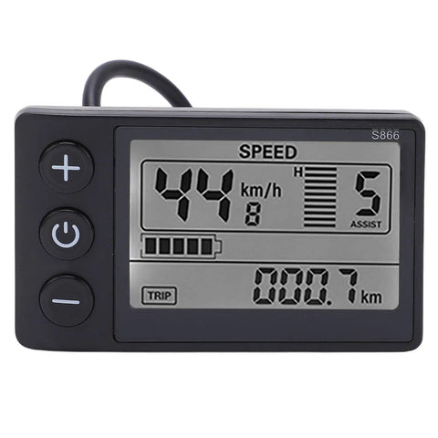 S866 Electric Bike Display LCD Meter with speed and assist indicators, compatible with 24V 36V 48V systems, for 0.9 inch handlebars.