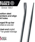 Ergonomic Round Connecting Bar 7/8 Inch Wide By 30 Inch Long With 15 Degree Angled Chisel, Tapered End For Seamless Bolt Hole Alignment, Ideal For Aligning, Prying And Chiseling Steel Members, Sleever Bar For Fast Positioning Made In USA, displayed with branding and features.