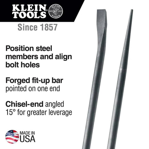 Ergonomic Round Connecting Bar 7/8 Inch Wide By 30 Inch Long With 15 Degree Angled Chisel, Tapered End For Seamless Bolt Hole Alignment, Ideal For Aligning, Prying And Chiseling Steel Members, Sleever Bar For Fast Positioning Made In USA, displayed with branding and features.
