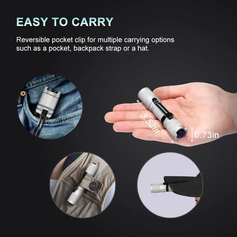 Pocket Sized AA Battery Powered Flashlight Tool 2.0 Panda White with pocket clip for easy carry, shown in different scenarios.
