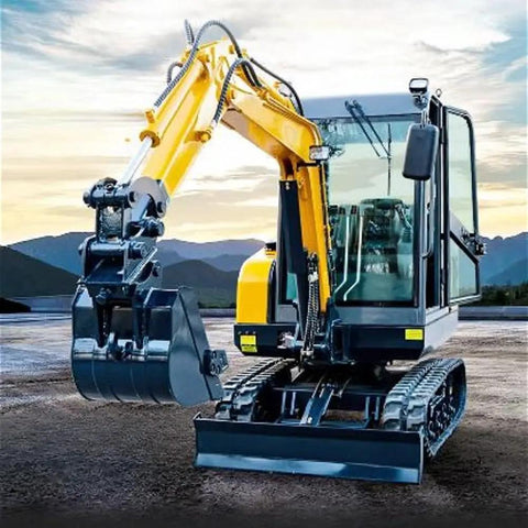Compact Hydraulic Mini Excavator For Home And Farm Projects with yellow and black arm, parked outdoors.
