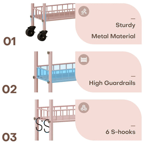 Premium Six Tier Rolling Storage Cart With Swivel Wheels showing sturdy metal material, high guardrails, and attached S-hooks.