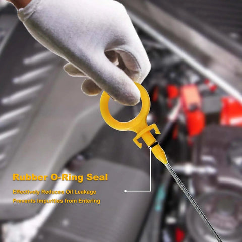 Gloved hand holding Plug And Play Engine Oil Dipstick For Audi A4 2.0L L4 Quattro 2005 2008 2009 Cabriolet with O-ring seal