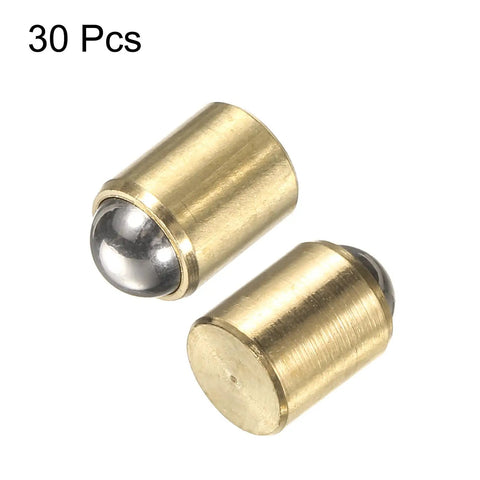 30 Pack Of Snappy Mini Brass Ball Spring Plungers 6X7mm Heavy Duty Detent Catch Latches, close-up of two brass plungers.