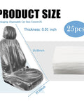 Disposable Car Seat Covers 25 Pack Portable Seat Protectors for Cars, includes 25 clear covers showing product size, transparent packaging.