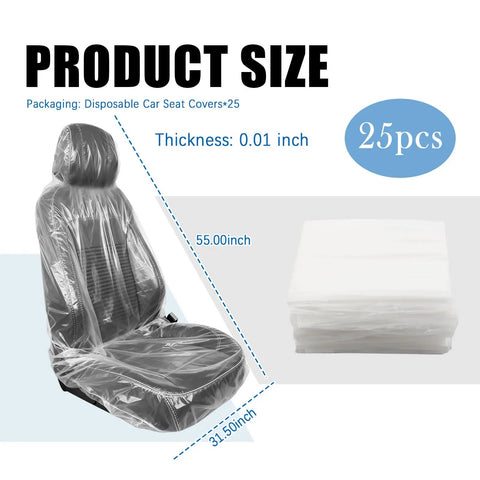 Disposable Car Seat Covers 25 Pack Portable Seat Protectors for Cars, includes 25 clear covers showing product size, transparent packaging.