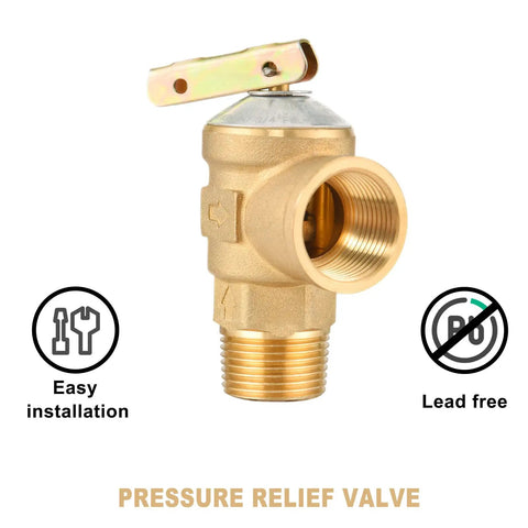 Pressure relief valve from Three Quarter Inch IPS Isolator Tankless Water Heater Service Valve Kit, brass body visible.