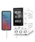 Adjustable DC Bench Power Supply 32V 6A And 30V 10A Regulated Switching Lab Source charging phone display.