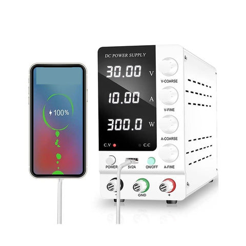 Adjustable DC Bench Power Supply 32V 6A And 30V 10A Regulated Switching Lab Source charging phone display.