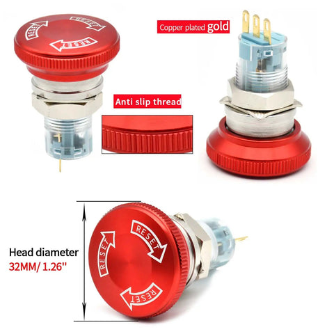 Heavy Duty 16mm Latching Emergency Stop Push Button Switch With 32mm Head In Stainless Steel 304, Wired Socket, 1NO 1NC, Aluminum Alloy Stop Cap, Ideal For 120V 12V And 5V To 220V Systems, red 32mm head