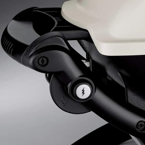 Close-up of electronic ignition on Q1200 Portable Propane Grill For Travel And Camping Blue With 1 Burner Cast Iron Grates
