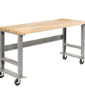 Mobile Adjustable Height Workbench With Maple Block Top, Sixty Inches Wide By Thirty Inches Deep, 2000 Lb Capacity, Gray Frame