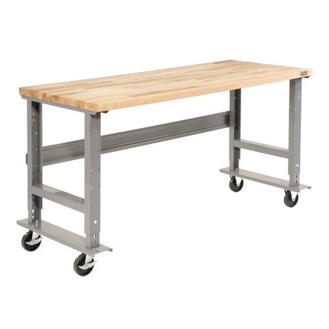 Mobile Adjustable Height Workbench With Maple Block Top, Sixty Inches Wide By Thirty Inches Deep, 2000 Lb Capacity, Gray Frame