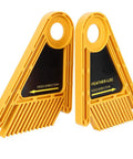 No Sweat Plastic Featherboard For Table Saws Router Tables And Band Saws Non Marking Hold Down Tool set at angle showing feed direction indicators.