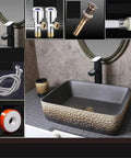 USZWBY Imitation Stone Ceramic Vessel Sink Small Wash Basin for Outdoor Pool Home Bathroom Modern Countertop Art Design on a bathroom countertop with accessories.