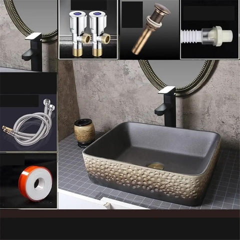 USZWBY Imitation Stone Ceramic Vessel Sink Small Wash Basin for Outdoor Pool Home Bathroom Modern Countertop Art Design on a bathroom countertop with accessories.