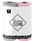 Front view of Fantasticlean microfiber cleaning cloth rolls—two rolls in pink and gray, 12 x 12 inches.