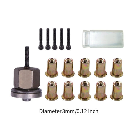 Rivet Nut Kit M3 To Drill Attachment For DIY Auto Projects with mandrel adapter, M3 nuts, bolts, and plastic case