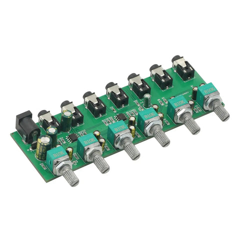 Six Channel Stereo Mixer Audio Distributor With Independent Volume Control For Your Home Studio Setup on green circuit board