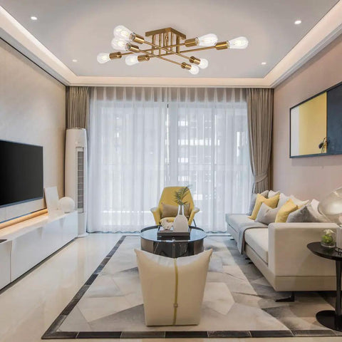 Living room with Dope Modern 8 Light Semi Flush Mount Brushed Brass Sputnik Ceiling Light Industrial Mid Century Fixture