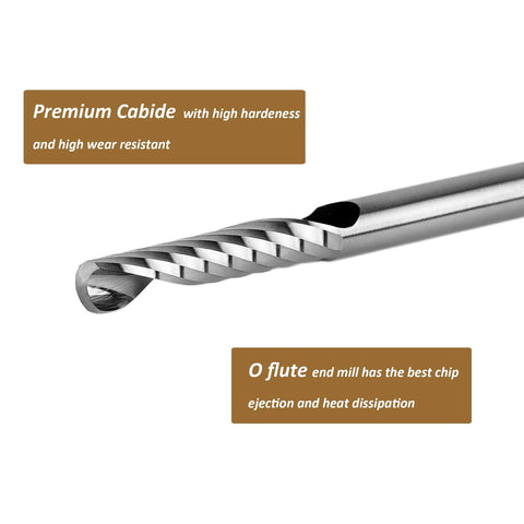 Five Piece O Flute End Mill Set With One Eighth Inch Shank Three Quarter Inch Cutting Length Solid Carbide Spiral Router Bits