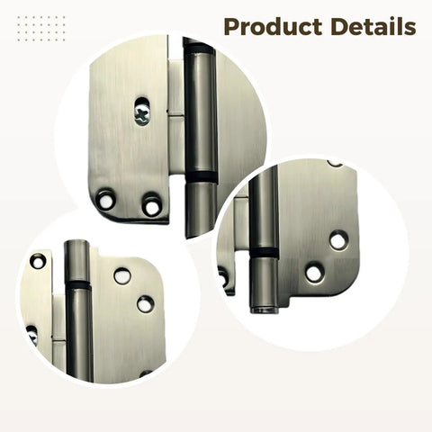 Close-up of heavy duty 4 inch wood door hinge with brushed nickel finish and six hole design, round corner, adjustable for smooth swing.