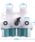 Front view of Washer Water Inlet Valve Replacement For Maytag Whirlpool Kenmore showing dimensions and connectors.