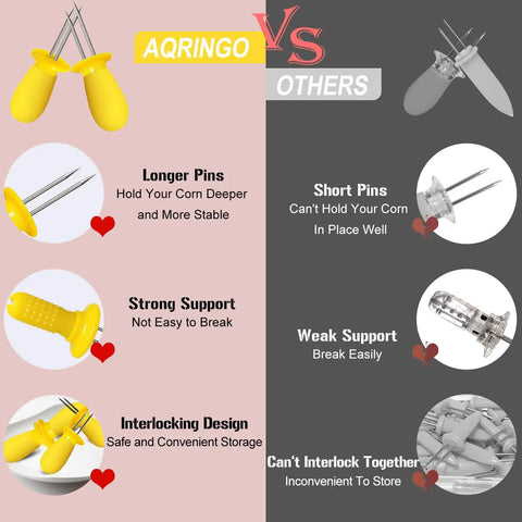 Comparison image showing Six Pairs Stainless Steel Corn Holders Set for easy grub grabs on the cob with longer pins and strong support.